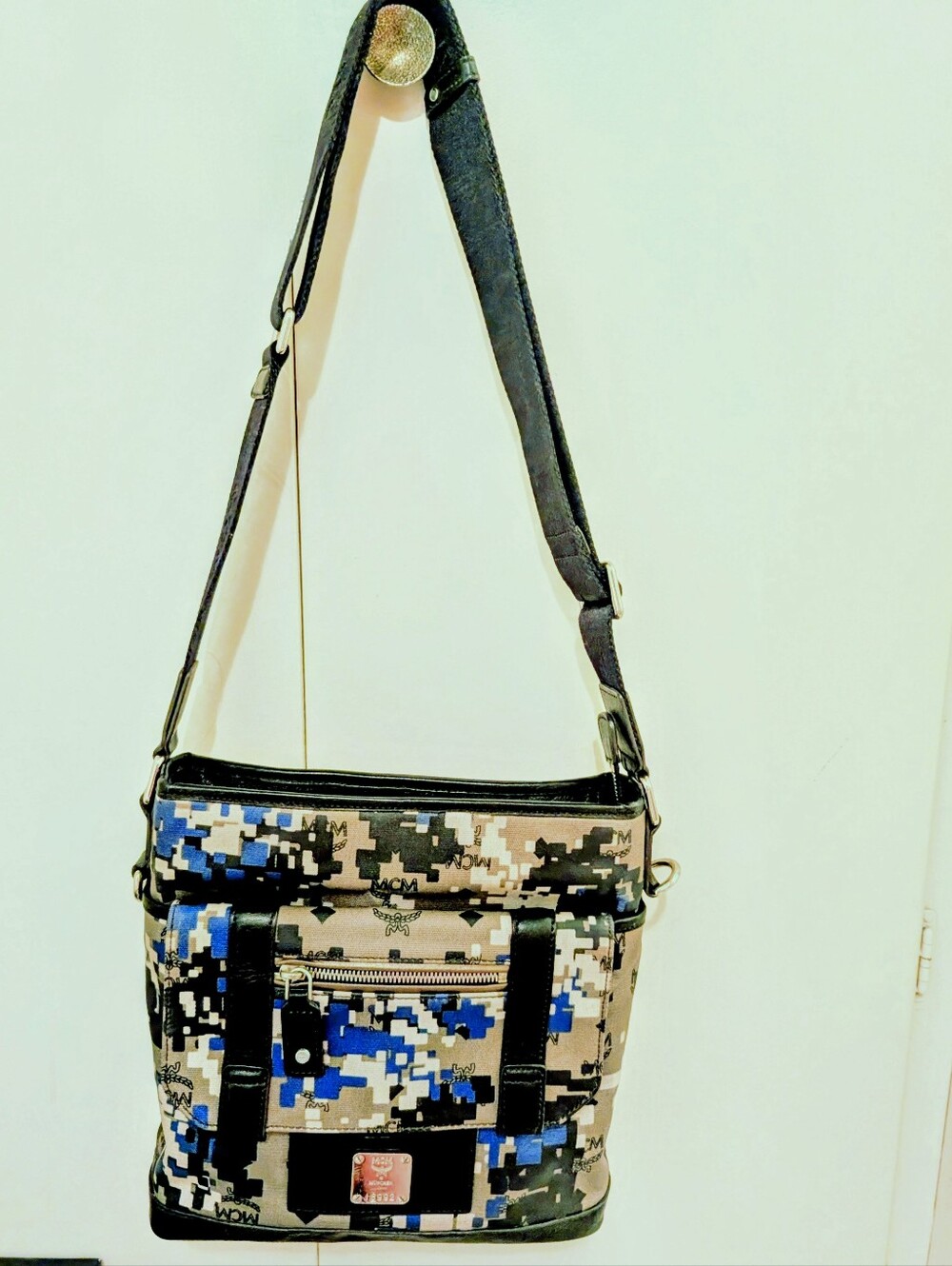 MCM Black and Blue Digital Camo Messenger Crossbody Bag In Excellent Condition!